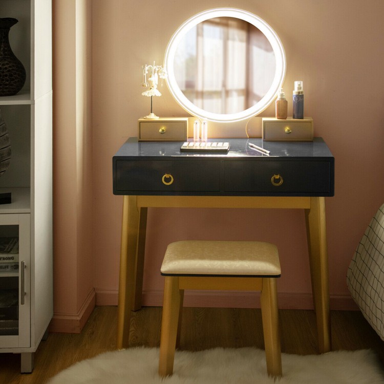 Makeup vanity table set in black with LED mirror, four drawers, and cushioned stool for stylish dressing room decor.