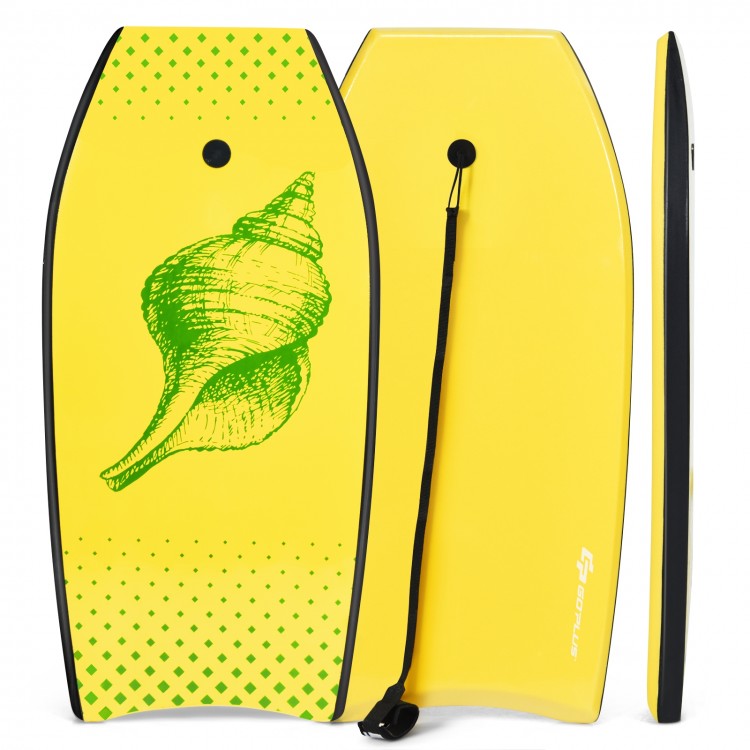 Super lightweight yellow bodyboard with a shell design, featuring a crescent tail for flexibility and a safety leash.