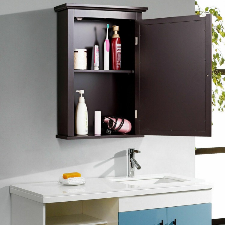 Wall-mounted brown mirror medicine cabinet with 2-tier storage, ideal for organizing toiletries in small bathrooms.