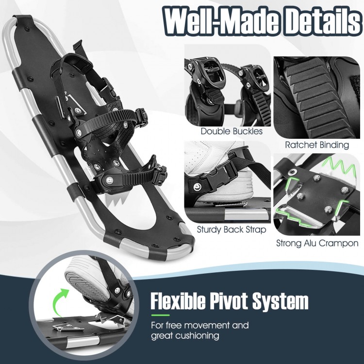 Lightweight 21-inch snowshoes with flexible pivot system, double ratchet binding, and durable aluminum construction for.