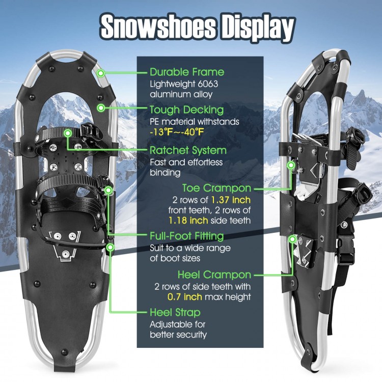 Lightweight 21-inch snowshoes with durable aluminum frame, PE decking, and adjustable ratchet binding for easy movement.