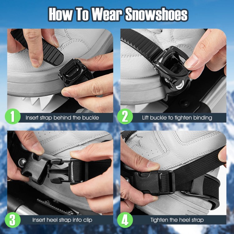Close-up of the adjustable double ratchet binding on 21-inch lightweight terrain snowshoes for easy wear and fit.