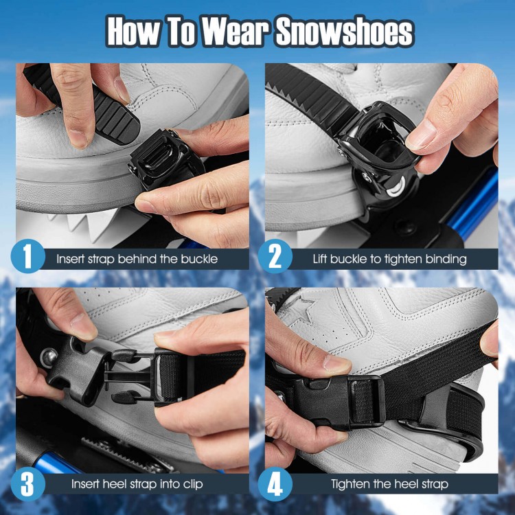 Close-up of adjustable double ratchet binding on 21-inch lightweight snowshoes for easy wear and secure fit.