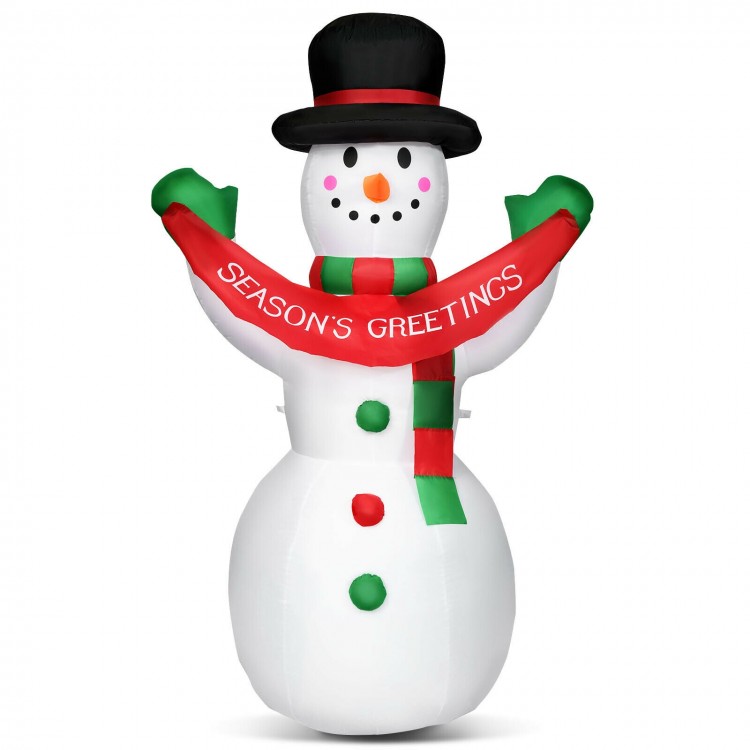 6-foot inflatable Christmas snowman with LED lights, wearing a scarf and hat, perfect for outdoor holiday decoration.