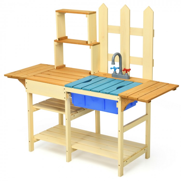 Kid's outdoor wooden pretend cook kitchen playset with plastic basin and faucet, ideal for imaginative play in the.