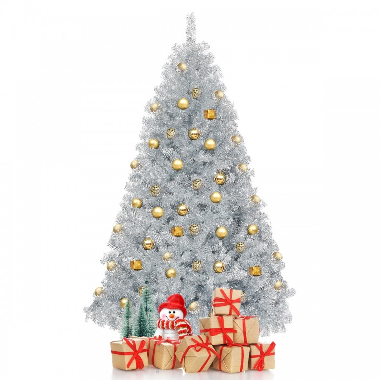 6 feet silver tinsel Christmas tree with 1036 branch tips, surrounded by wrapped gifts for festive indoor decoration.