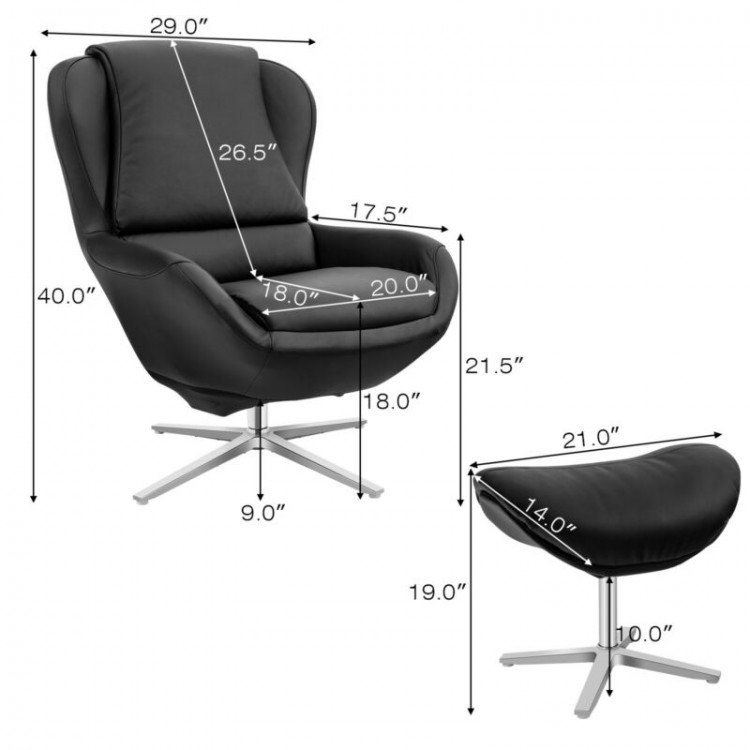 Black 360° swivel leather lounge chair with ottoman, featuring aluminum alloy base and ergonomic design for ultimate.