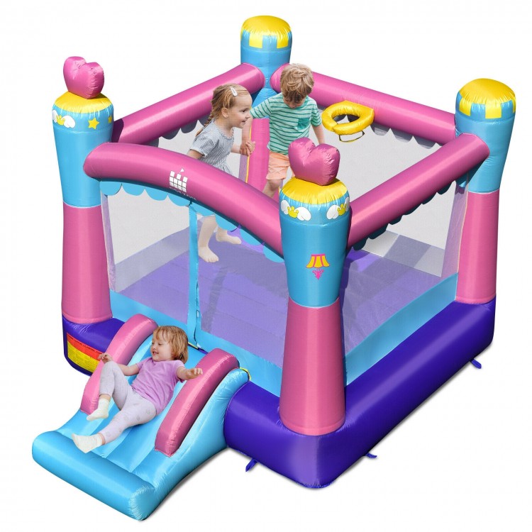 Inflatable 3-in-1 Princess Theme bounce house with slide and basketball rim, ideal for kids' indoor and outdoor fun.