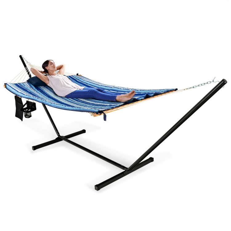 Hammock chair set with a soft mat and pillow, showcasing a stable steel stand for ultimate comfort indoors or outdoors.