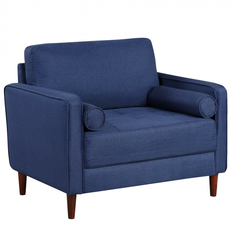 Accent oversized linen club armchair in navy with rubber wood legs, showcasing wide armrests and plush cushioning for.