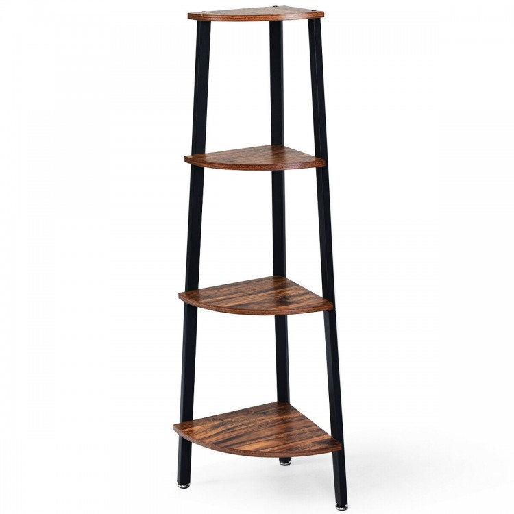 4-tier corner shelf with brown chipboard and black metal frame, ideal for compact spaces like living rooms and studies.