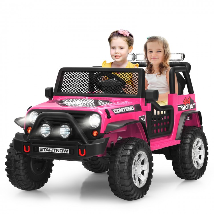 Kids enjoy riding in the pink 12V electric truck with remote control, featuring thick wheels and a safe seatbelt.