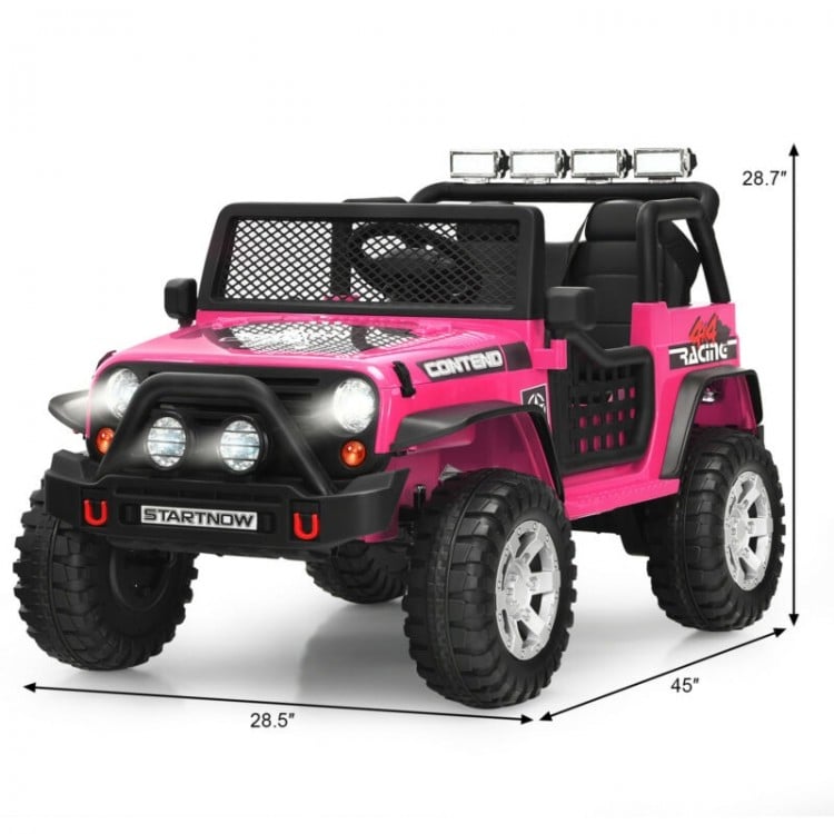 Kids electric ride-on truck in pink with remote control, lights, and sounds, designed for safe outdoor fun.