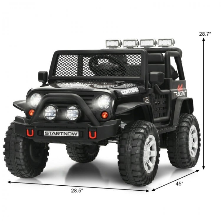 Kids electric ride-on truck in black with remote control, featuring thick wheels, lights, and sounds for fun outdoor.