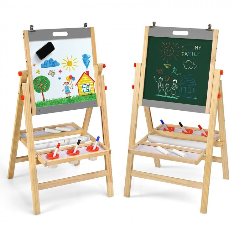 Kids art easel featuring a double-sided chalkboard and whiteboard, adjustable height, and storage tray for creative.