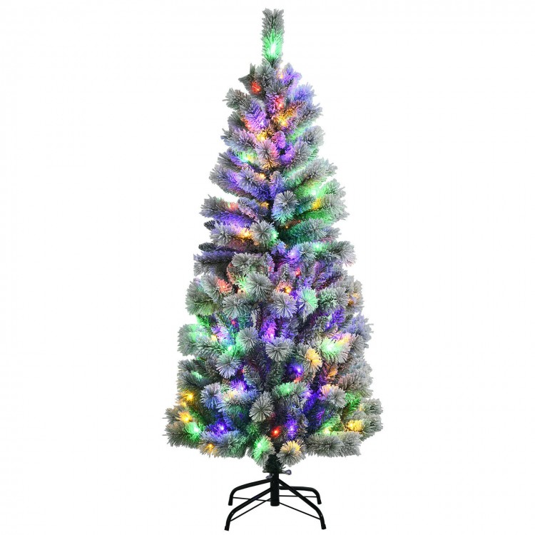 5 feet pre-lit Christmas tree with snow flocked branches and 140 LED lights, featuring 9 lighting modes for festive.