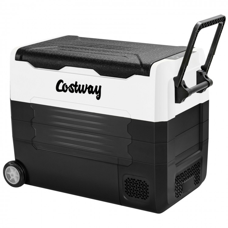 Portable 58-quart car refrigerator with wheels and handle, ideal for camping and picnics, featuring dual-zone storage.