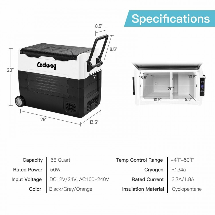 Portable 58-quart car refrigerator with wheels, dual-zone design, and LED panel for easy outdoor use and transportation.