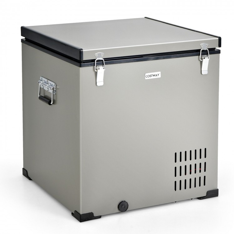 Portable 68-quart car refrigerator in gray with dual power options, ideal for camping and road trips.