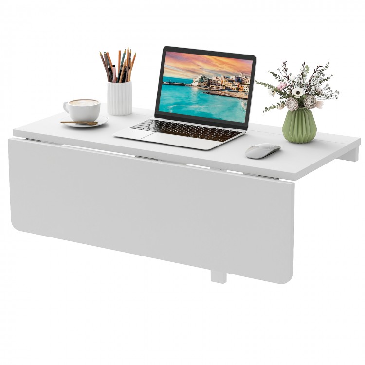 Wall-mounted drop-leaf table in sleek white finish, perfect for small spaces, used as a desk or dining table.