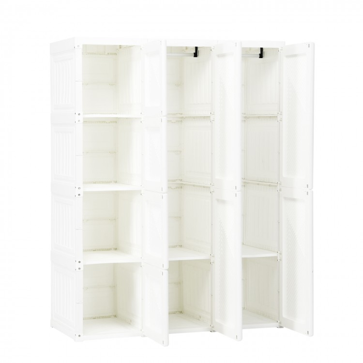 Foldable closet organizer with 12 cubby storage, white finish, ideal for clothing and bedding in compact spaces.