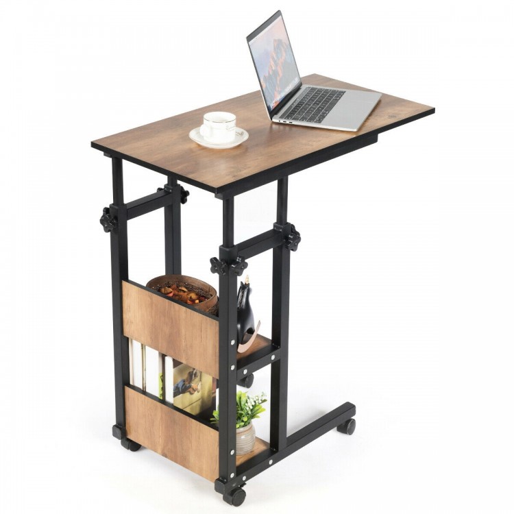 C-Shape mobile snack end table with storage shelves, made of particle board and metal, ideal for living room use.