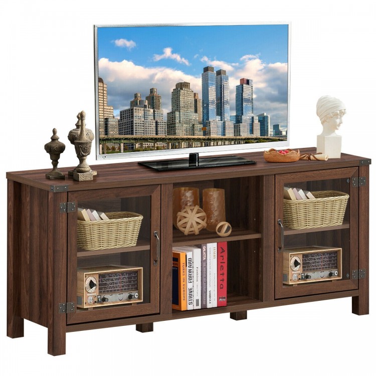 Walnut TV stand with tempered glass doors, 2-tier shelves, and storage cabinets for up to 65" TVs in a stylish living.