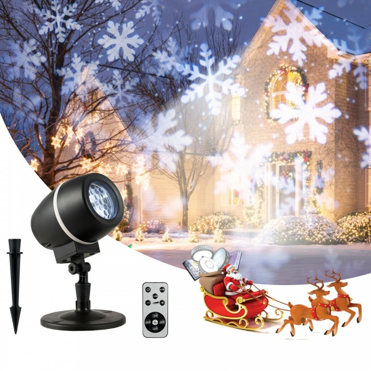 Outdoor waterproof Christmas snowflake LED projector light with remote control, ideal for creating festive snow scenes.