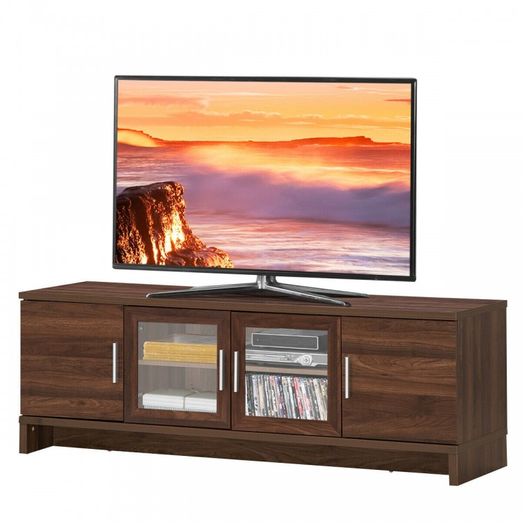 Walnut media entertainment TV stand for TVs up to 70 inches, featuring adjustable shelves and dust-proof cabinets.