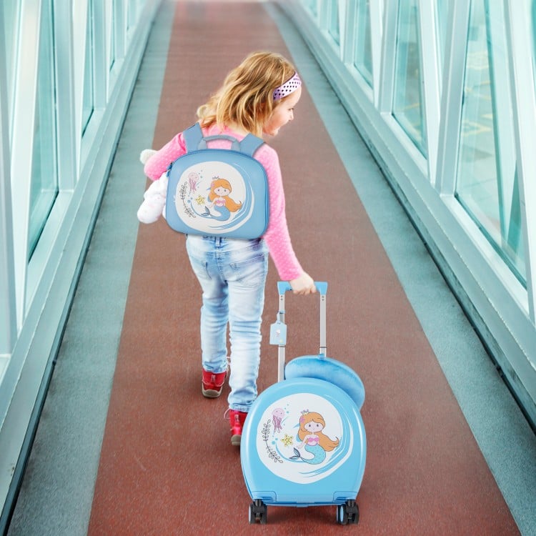 Kids luggage set featuring a blue 14" hardside spinner suitcase and 10" backpack, perfect for young travelers.