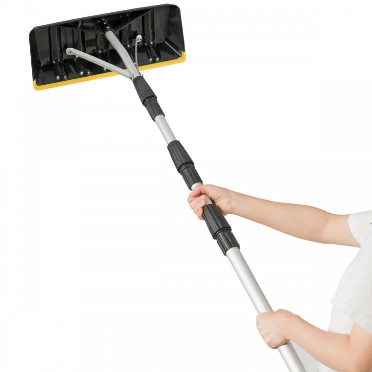 Telescoping snow roof rake with large blade and non-slip handle, ideal for removing snow from roofs and hard-to-reach.