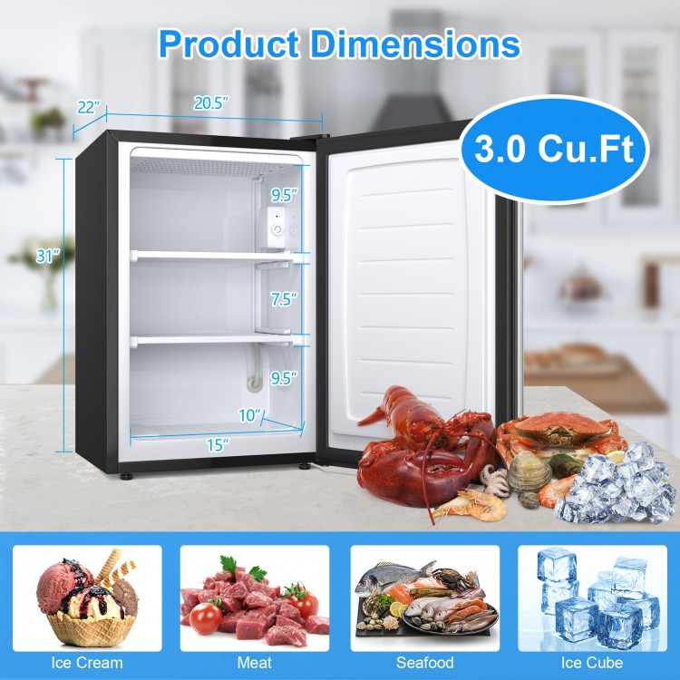 Compact 3.0 cu. ft. upright freezer with stainless steel door, adjustable temperature, and flush back design for small.