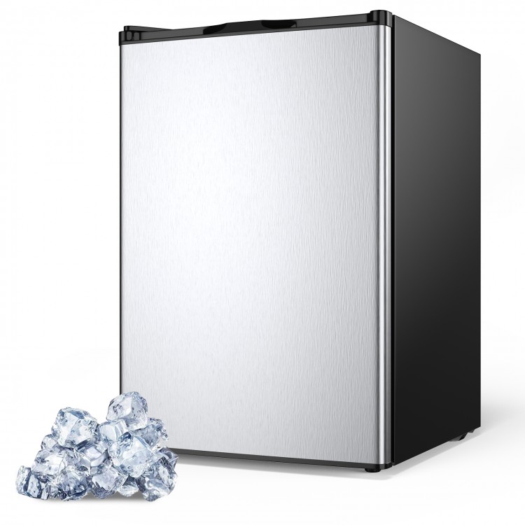 Compact 3 cubic feet upright freezer with stainless steel door and black cabinet, ideal for small spaces and easy food.