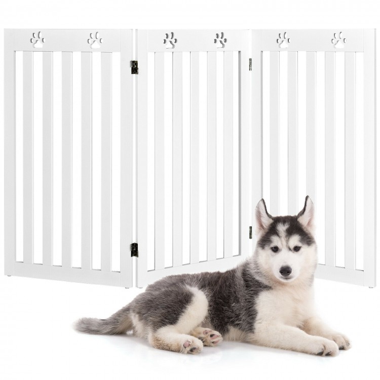 Freestanding 36-inch white wooden pet gate with flexible hinges, ideal for small to medium dogs, providing safety and.