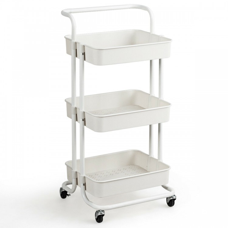3-tier white utility cart with ABS baskets and metal frame, featuring lockable wheels for versatile storage solutions.