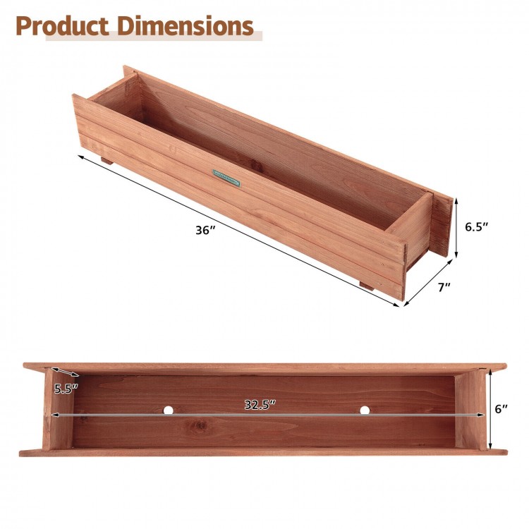 Wooden decorative raised garden bed dimensions, 36" long, 6.5" wide, 7" high, ideal for indoor or outdoor planting.