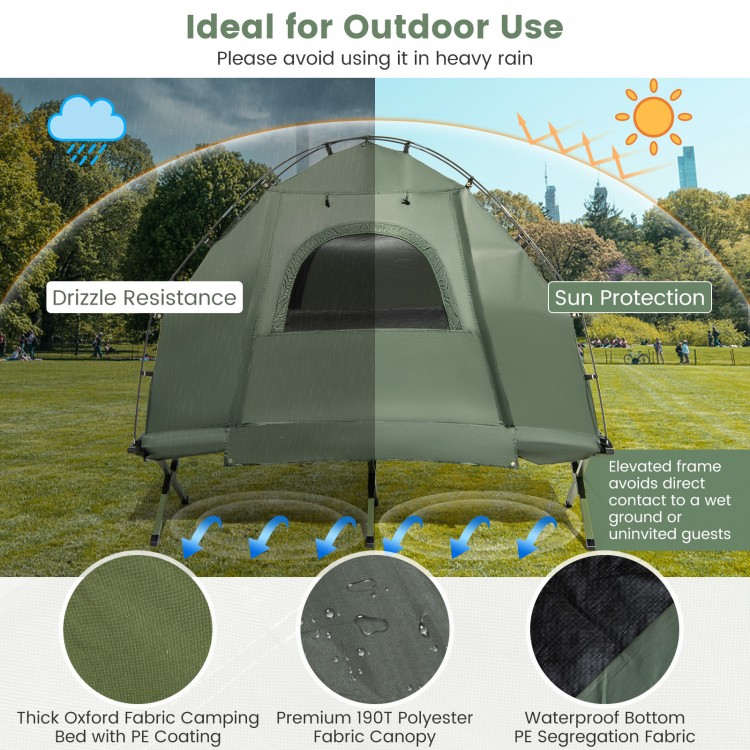 1-person folding camping tent with sunshade, durable PE oxford fabric, and air mattress for outdoor use.