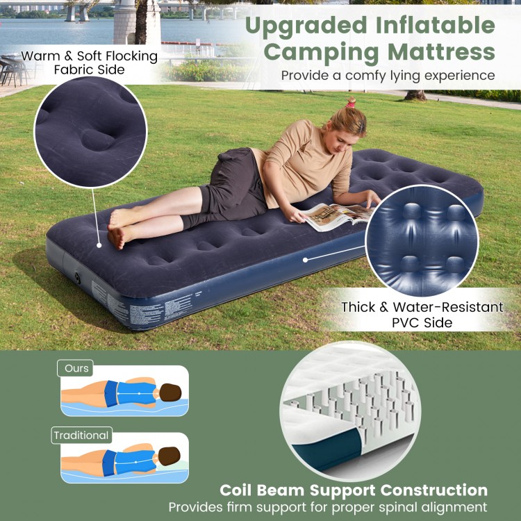 Single air mattress with coil beam support, featuring a soft flocking fabric side for comfortable camping use.