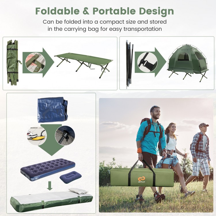 1-person folding camping tent with sunshade, air mattress, and carrying bag for easy transport and outdoor convenience.