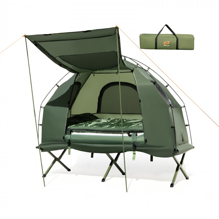1-person folding camping tent with sunshade, air mattress, and durable polyester for outdoor adventures.