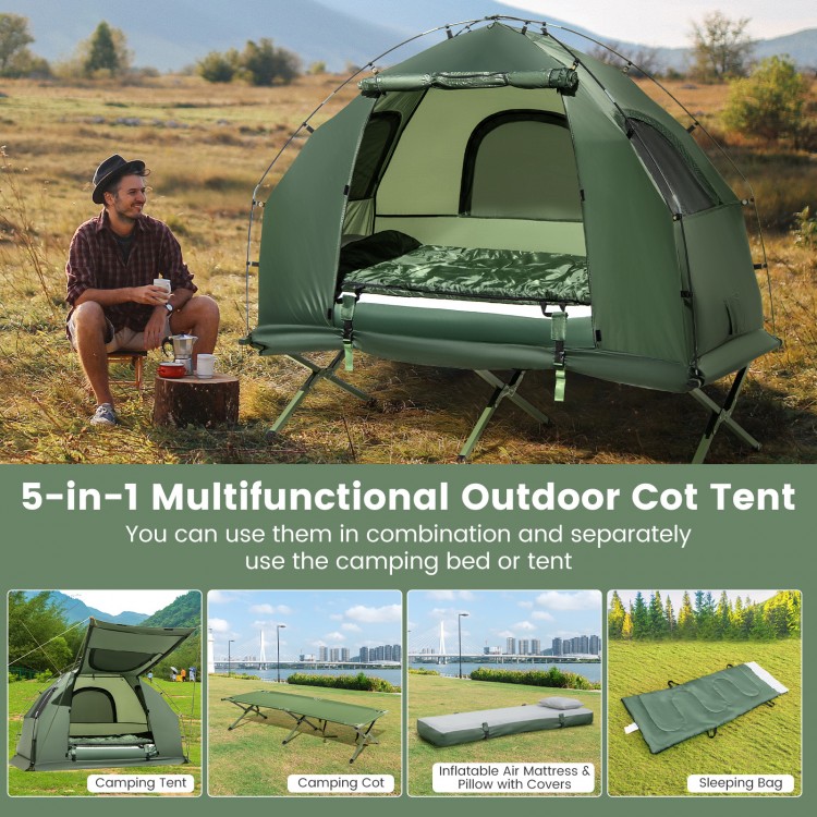1-person folding camping tent cot with air mattress, sunshade, and storage bag for outdoor adventures.