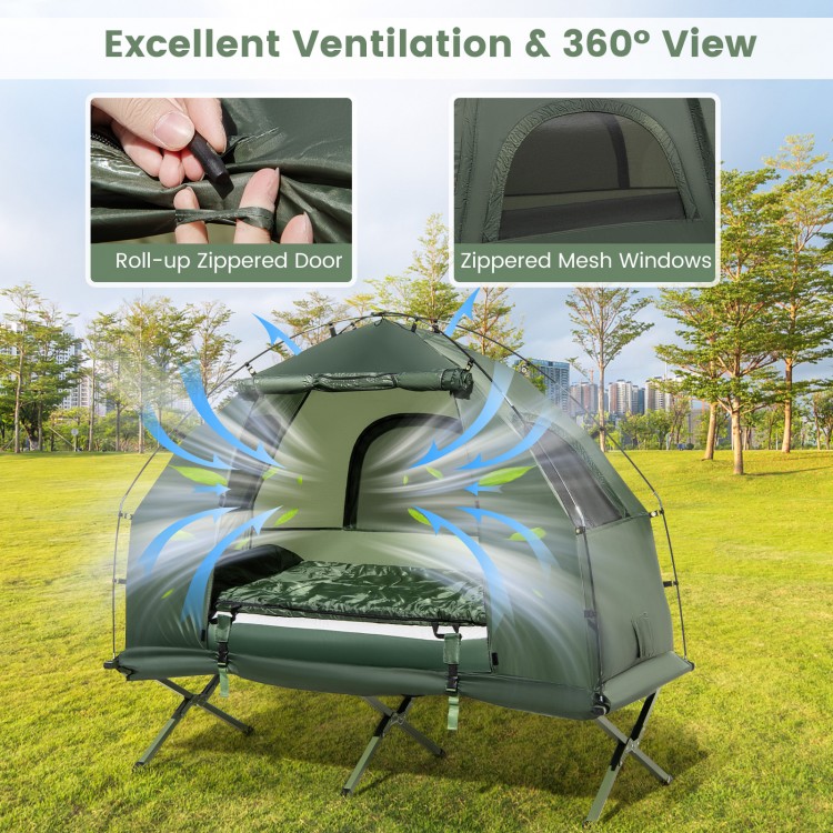 1-person folding camping tent with sunshade, zippered mesh windows, and air mattress for enhanced outdoor comfort.