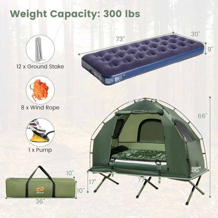 1-person folding camping tent with sunshade, air mattress, and accessories for outdoor comfort and convenience.