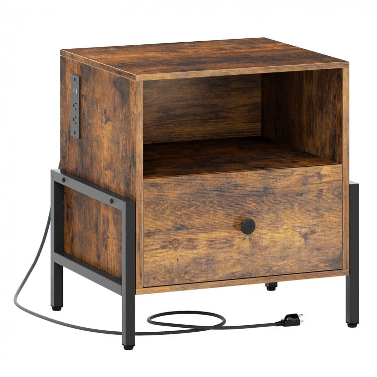 Rustic brown nightstand with charging station, open compartment, and drawer for versatile storage and convenience.