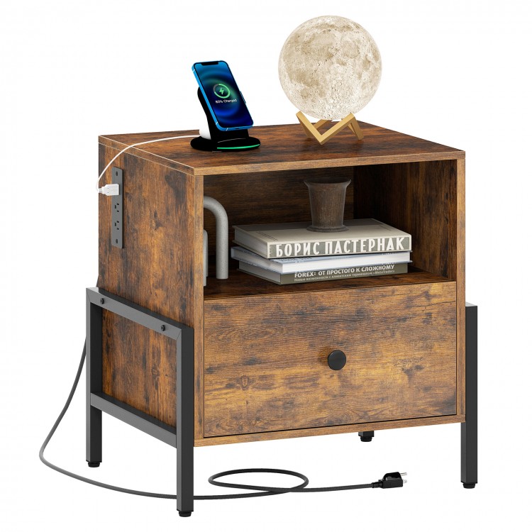 Rustic brown nightstand with charging station, drawer, and open compartment, ideal for bedside or sofa side use.