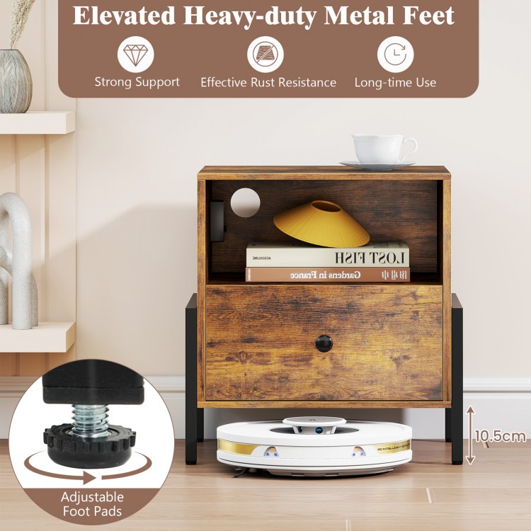 Rustic brown nightstand with charging station, drawer, and adjustable metal feet for versatile use and stability.