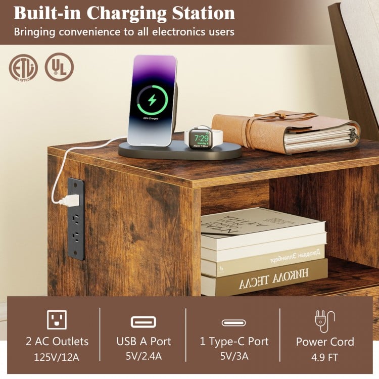 Rustic brown nightstand with built-in charging station, 2 AC outlets, USB port, and spacious drawer for storage.