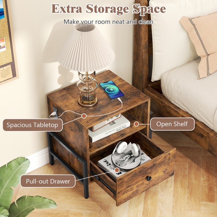 Rustic brown nightstand with charging station, spacious drawer, and open shelf for versatile storage and organization.