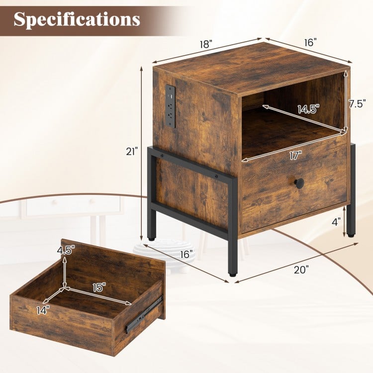 Rustic brown nightstand with charging station, drawer, and open compartment, featuring metal slides and adjustable foot.