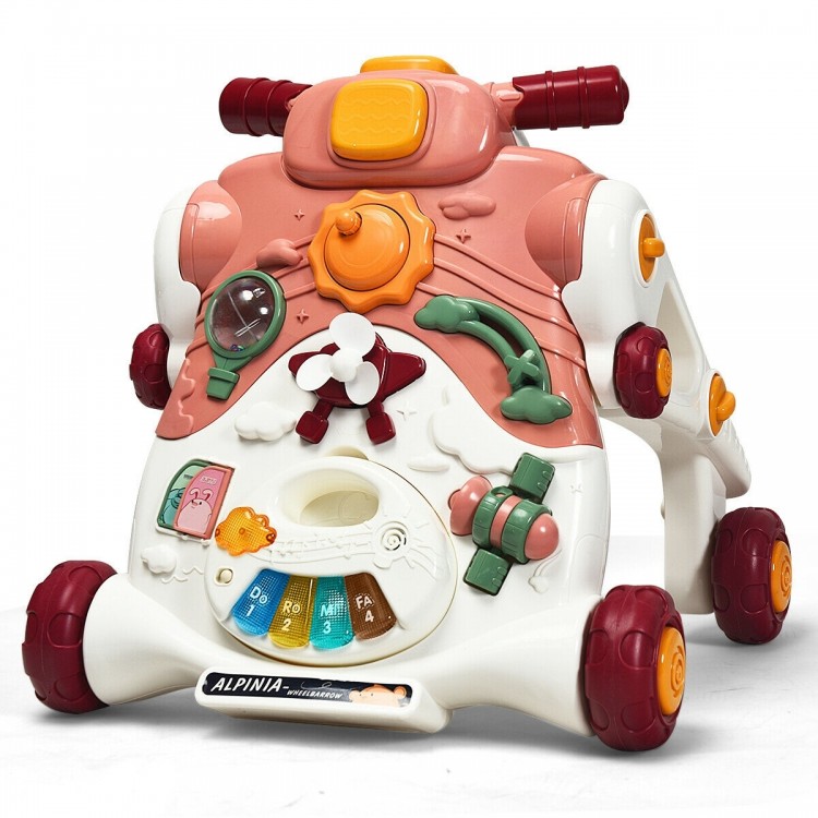 Colorful 3-in-1 baby sit-to-stand walker with music and lights, designed for fun and learning in pink.
